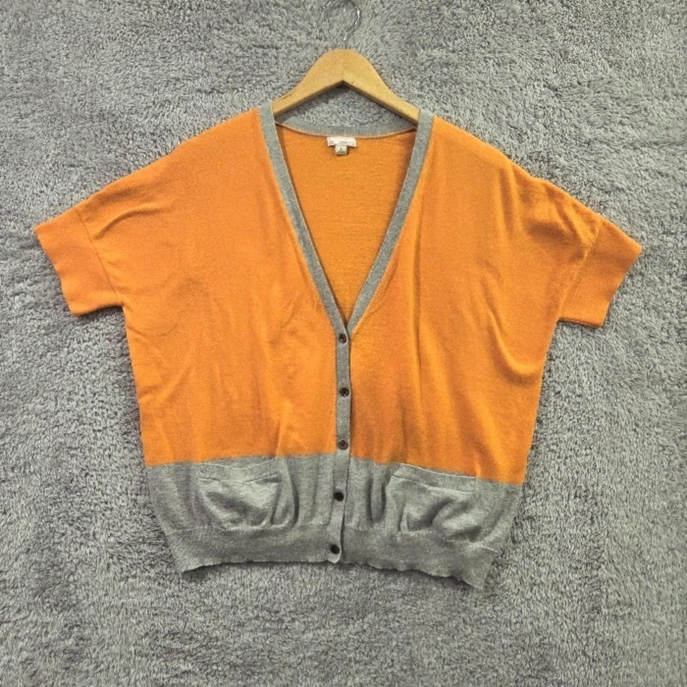 Gap Women's Large Short Sleeve Colorblock Cardigan Orange Grey V-Neck Pockets